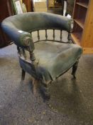 GREEN LEATHER BOW BACK OFFICE CHAIR WITH SPINDLE BACK AND REEDED FRONT LEGS RAISED ON BRASS