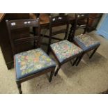 SET OF THREE GEORGIAN BAR BACK DINING CHAIRS WITH EMBROIDERED DROP IN SEATS AND TURNED FRONT LEGS