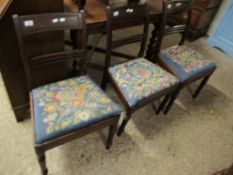 SET OF THREE GEORGIAN BAR BACK DINING CHAIRS WITH EMBROIDERED DROP IN SEATS AND TURNED FRONT LEGS