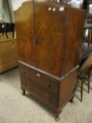 20TH CENTURY WALNUT TALLBOY WITH TWO CUPBOARD DOORS OVER TWO FULL WIDTH DRAWERS RAISED ON PAD FEET