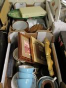 TWO BOXES OF MIXED CHINA WARES, BRASS WEIGHTS, PEDESTAL STAND ETC