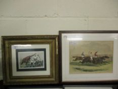 OAK FRAMED COLOURED RACING PRINT TOGETHER WITH A FURTHER GILT FRAMED PRINT OF DOGS