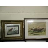 OAK FRAMED COLOURED RACING PRINT TOGETHER WITH A FURTHER GILT FRAMED PRINT OF DOGS