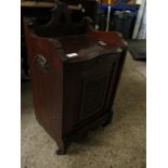 EDWARDIAN MAHOGANY FRAMED PURDONIUM WITH CARVED DOOR WITH PULL OUT FRONT WITH LINER RAISED ON
