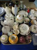 TRAY OF MIXED CHINA WARES, DECANTERS, ORNAMENTS ETC