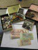 BOX CONTAINING MIXED BANK NOTES, COINAGE, ETC