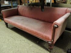 VICTORIAN MAHOGANY FRAMED THREE SEATER SOFA WITH PUCE UPHOLSTERY (A/F)