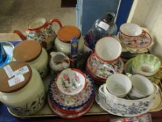 TRAY CONTAINING MIXED HORNSEA CORN ROWS STORAGE CONTAINERS, ORIENTAL KUTANI TEA WARES ETC