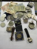TWO BOXES OF MIXED VINTAGE COINAGE, BANK NOTES, SILVER POCKET WATCH CASE ETC