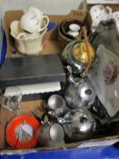 BOX OF ALUMINIUM FOUR PIECE TEA SET, CHINA WARES ETC