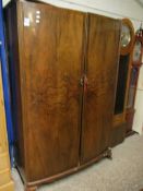 GOOD QUALITY LARGE WALNUT BOW FRONTED DOUBLE DOOR WARDROBE RAISED ON PAD FEET