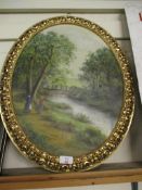 OVAL OIL ON BOARD OF A COUNTRY SCENE BY B CARR