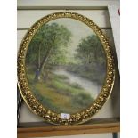 OVAL OIL ON BOARD OF A COUNTRY SCENE BY B CARR