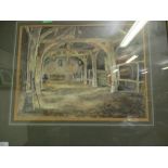 NORMAN A OLLEY, SIGNED WATERCOLOUR, INSCRIBED "TITHE BARN INTERIOR" RIDDLESDON HALL, YORKS