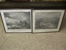 AFTER G CUMMING, PAIR OF BLACK AND WHITE ENGRAVINGS, DUMBARTON CASTLE AND DUNKELD, 35 X 48CM (2)