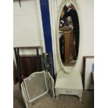 WHITE WOOD OVAL CHEVAL MIRROR WITH SINGLE DRAWER TO BASE TOGETHER WITH A TRIPLE DRESSING TABLE