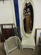 WHITE WOOD OVAL CHEVAL MIRROR WITH SINGLE DRAWER TO BASE TOGETHER WITH A TRIPLE DRESSING TABLE