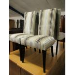 FOUR STRIPED UPHOLSTERED L-SHAPED DINING CHAIRS WITH EBONISED LEGS