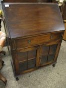 MAHOGANY FRAMED DROP FRONTED BUREAU WITH FULL WIDTH DRAWER WITH GLAZED DOORS TO BASE