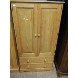 GOOD QUALITY WAXED PINE DOUBLE DOOR WARDROBE WITH TURNED KNOB HANDLES