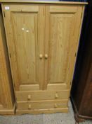 GOOD QUALITY WAXED PINE DOUBLE DOOR WARDROBE WITH TURNED KNOB HANDLES