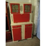 1960S PAINTED KITCHEN CUPBOARD WITH TWO ETCHED DOORS WITH WINDMILL SCENES, WITH DROP FRONT, WITH TWO