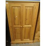 GOOD QUALITY WAXED PINE DOUBLE DOOR WARDROBE WITH TURNED KNOB HANDLES