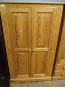 GOOD QUALITY WAXED PINE DOUBLE DOOR WARDROBE WITH TURNED KNOB HANDLES