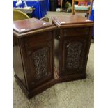 PAIR OF WALNUT BEDSIDE CUPBOARDS WITH CARVED PANEL TO DOOR