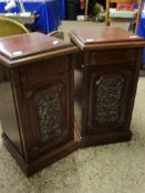 PAIR OF WALNUT BEDSIDE CUPBOARDS WITH CARVED PANEL TO DOOR