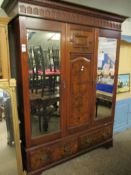 EDWARDIAN WALNUT WARDROBE WITH TWO MIRRORED DOORS WITH TWO DRAWER BASE WITH PANELLED DETAIL