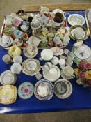 LARGE QUANTITY OF MIXED CHINA WARES, CUPS, SAUCERS, VASES, FLOWER ENCRUSTED ORNAMENTS ETC