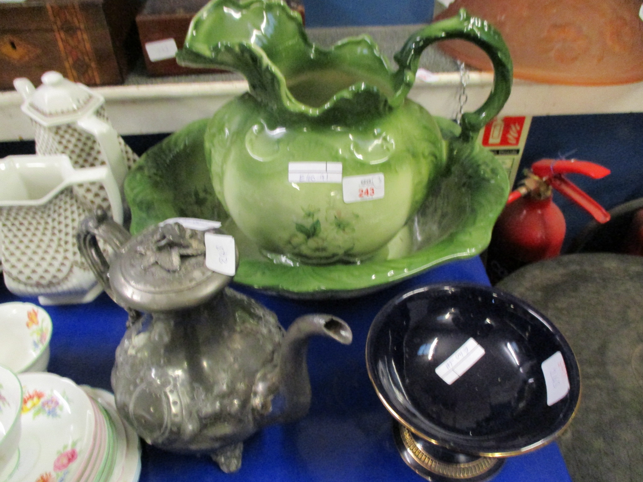 VICTORIAN STAFFORDSHIRE GREEN GLAZED WASH JUG AND BOWL TOGETHER WITH A PEWTER TEAPOT AND PEDESTAL