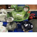 VICTORIAN STAFFORDSHIRE GREEN GLAZED WASH JUG AND BOWL TOGETHER WITH A PEWTER TEAPOT AND PEDESTAL