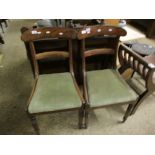 PAIR OF GEORGIAN MAHOGANY BAR BACK DINING CHAIRS WITH GREEN DRALON DROP IN SEATS AND TURNED FRONT