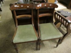 PAIR OF GEORGIAN MAHOGANY BAR BACK DINING CHAIRS WITH GREEN DRALON DROP IN SEATS AND TURNED FRONT