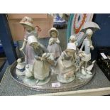 GROUP OF MIXED NAO AND LLADRO FIGURES AND A SILVER PLATED GALLERIED EDGE TRAY (7)