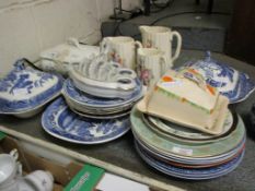 MIXED WILLOW PATTERN PLATES, TUREENS, VICTORIAN JUGS ETC