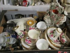 TRAY OF STAFFORDSHIRE FLAT BACK FIGURE, MIXED CHINA WARES, CUPS, SAUCERS ETC