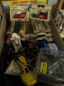 BOX CONTAINING DAYS GONE BY VEHICLES, SCALEXTRIC POWER PACK AND CONTROLLERS ETC