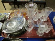 TRAY OF MIXED GLASS WARES, VASES ETC