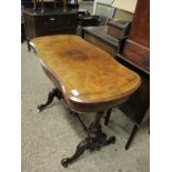 19TH CENTURY WALNUT SHAPED TOP FOLD OVER CARD TABLE ON TWO TURNED COLUMNS AND A CARVED SPLAYED BASE