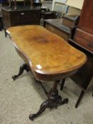 19TH CENTURY WALNUT SHAPED TOP FOLD OVER CARD TABLE ON TWO TURNED COLUMNS AND A CARVED SPLAYED BASE