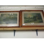 PAIR OF MAPLE WOOD FRAMED COLOURED PRINTS