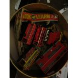 TUB CONTAINING MIXED LOOK AND LEARN MAGAZINES AND DIE-CAST DOUBLE DECKER BUSES