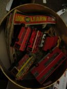 TUB CONTAINING MIXED LOOK AND LEARN MAGAZINES AND DIE-CAST DOUBLE DECKER BUSES