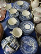 QUANTITY OF WILLOW PATTERN CUPS AND SAUCERS, PLATES ETC