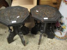 PAIR OF SQUAT HEXAGONAL TOPPED HEAVILY CARVED SIDE TABLES