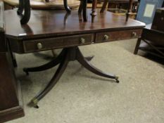 GEORGIAN MAHOGANY CENTRE TABLE WITH INLAID DETAIL AND CANTED CORNERS WITH TWO DRAWERS ON A SPLAYED