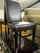 PAIR OF BROWN LEATHERETTE L-SHAPED DINING CHAIRS ON TAPERING SQUARE LEGS